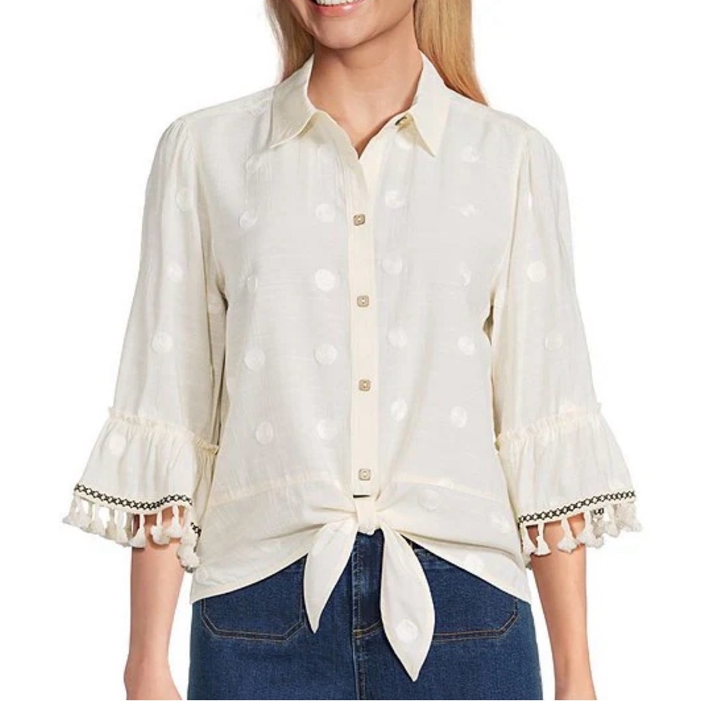John Mark tassel trim collared blouse 
Ties at waist